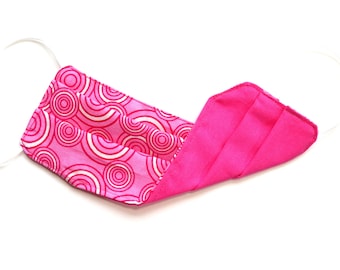 Jugend - GESICHTSMASKE (Reversibel) mit Filtertasche - Baumwolle, 1/8 "Gummibänder, Waschbar, Versandfertig - Pink Circles/Pink