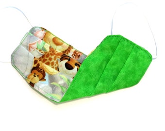 Jugend - MASKE (reversibel) mit Filtertasche - Baumwolle, 1/8" Gummibänder, Waschbar, Versandfertig - Jungle Babies / Grün