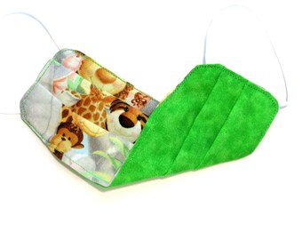 Youth - FACE MASK (Reversible) with Filter Pocket – Cotton, 1/8" elastic bands, Washable, Ready To Ship - Jungle Babies / Green
