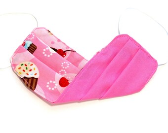 Youth - FACE MASK (Reversible) with Filter Pocket – Cotton, 1/8" elastic bands, Washable, Ready To Ship - Cupcakes / Pink