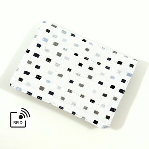 Mini billetera RFID - Cuadrados grises y plateados (con ranuras para tarjetas de crédito y bolsillo para monedas con cremallera)