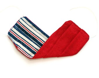 Youth - FACE MASK (Reversible) with Filter Pocket – Cotton, 1/8" elastic bands, Washable, Ready To Ship - Stripes / Red