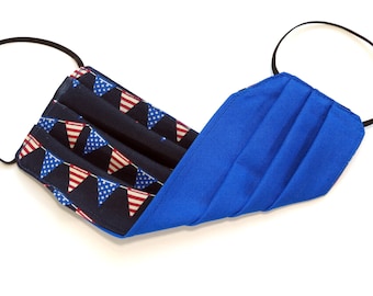 Adult - FACE MASK (Reversible) with Filter Pocket – Cotton, 1/8" elastic bands, Washable, Ready To Ship - USA Flag Banners / Blue