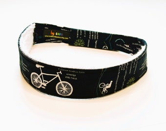 Headband - Bikes on Blue  (White Terry) - Adjustable Sweatband / Headband