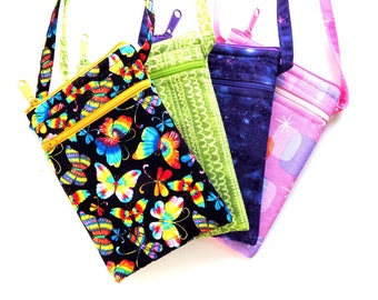 RFID Cell Phone / Passport Travel Bag - Tie Dye Butterfly, Lime Green, Purple Sparkle, Pink Retro - 3 pocket