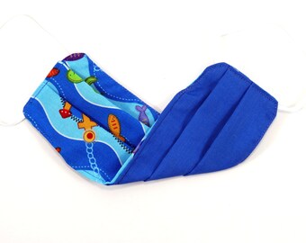 Youth - FACE MASK (Reversible) with Filter Pocket – Cotton, 1/8" elastic bands, Washable, Ready To Ship - Under Sea, Turtles, Fish