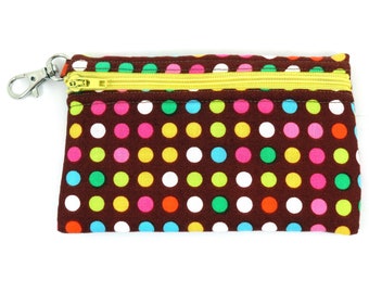 Clip Coin Purse - Multi Dots on Brown - with Zipper Front