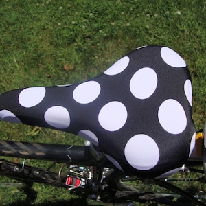 Bicycle Saddle Cover Black with White Polka Dots fits saddles approx: 10L x 7W x 2H image 3