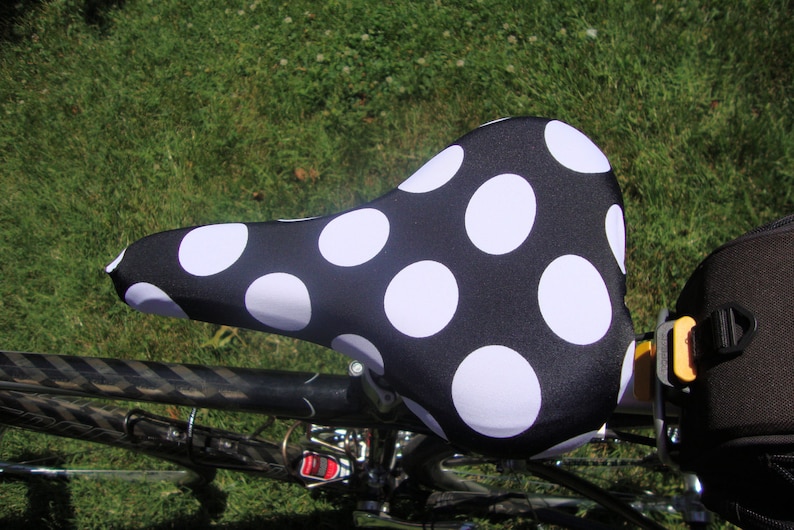 Bicycle Saddle Cover Black with White Polka Dots fits saddles approx: 10L x 7W x 2H image 3