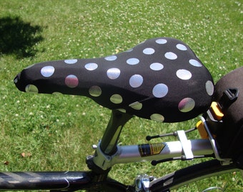 Bicycle Saddle Cover - Black with Silver Metallic Polka Dots - fits saddles approx: 10”L x 7”W x 2”H