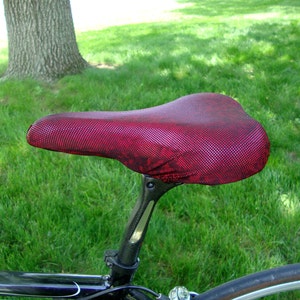 Bicycle Saddle Cover Dark Red Metallic fits saddles approx: 10L x 7W x 2H image 2