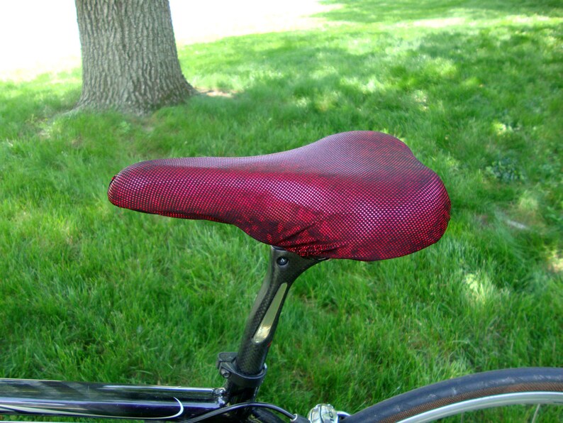 Bicycle Saddle Cover Dark Red Metallic fits saddles approx: 10L x 7W x 2H image 2