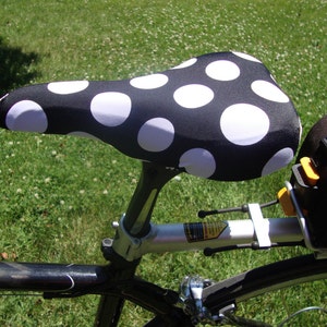 Bicycle Saddle Cover Black with White Polka Dots fits saddles approx: 10L x 7W x 2H image 2