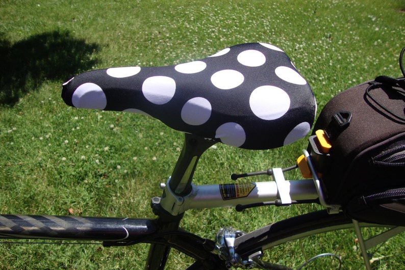 Bicycle Saddle Cover Black with White Polka Dots fits saddles approx: 10L x 7W x 2H image 2