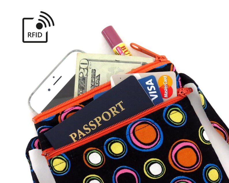 RFID Cell Phone Passport Travel Bag Big Orange Dots 3 pocket