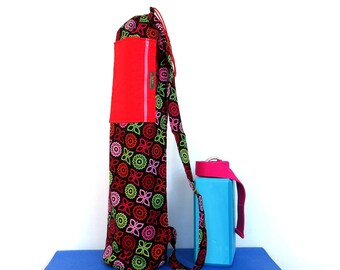 Yoga - Red Pink Orange Green Flower Design - Drawstring closure, Zipper Pocket and Key Ring - Yoga Mat Bag