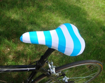 Bicycle Saddle Cover - Turquoise and White Stripe - fits saddles approx: 10”L  x  7”W  x  2”H