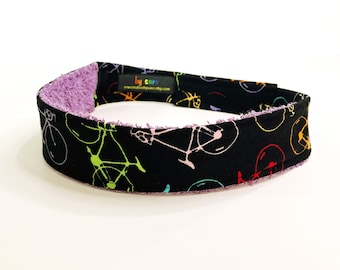 Headband - Bicycles on Black  (Purple Terry) - Adjustable Sweatband / Headband