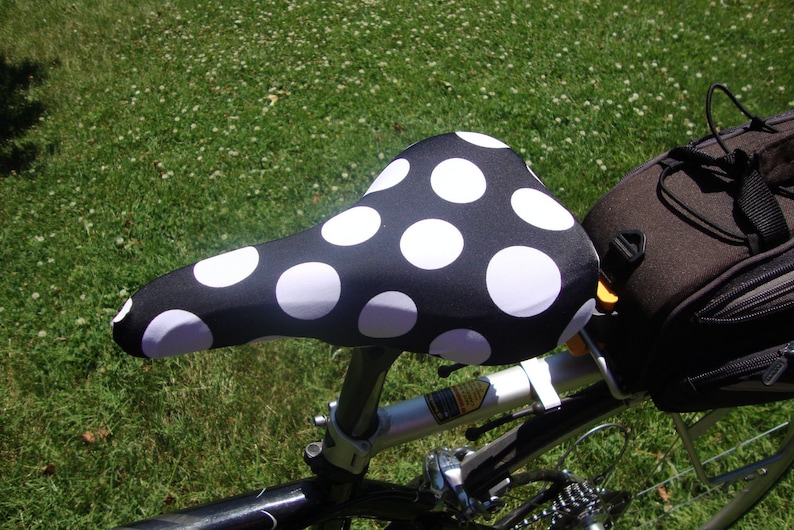 Bicycle Saddle Cover Black with White Polka Dots fits saddles approx: 10L x 7W x 2H image 1