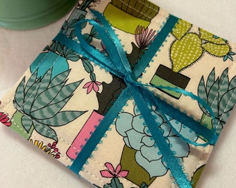 Coasters, Set of 4, CACTUS - COLORFUL, Fabric Coasters, Handmade, Hostess Gift