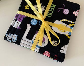 Coasters, Set of 4, MEOW KITTIES, Fabric Coasters, Handmade, Hostess Gift,