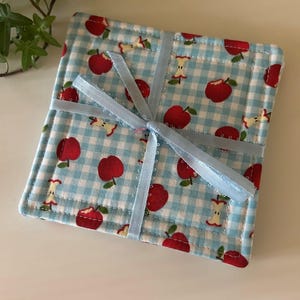 Coasters, Set of 4, APPLES on BLUE GINGHAM, Fabric Coasters, Handmade, Hostess Gift,