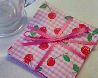 Coasters, Set of 4, CHERRIES on GINGHAM, Fabric Coasters, Handmade, Hostess Gift,
