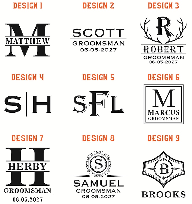 May include: Nine design options for personalized gifts, featuring names, initials, and the word "Groomsman" with a date. The designs are in a black font, with a variety of fonts and layouts, including monograms and decorative elements.