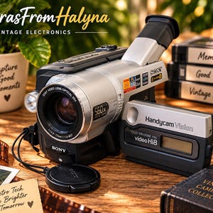 Op de afbeelding: Een zilverkleurige en zwarte Sony Handycam Vision videocamera met een 20x optische zoomlens, Hi8-formaat en een uitklapbaar LCD-scherm. Het apparaat is voorzien van labels zoals Handycam Vision, CCD-TRV208E PAL en video Hi8 op de behuizing.