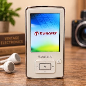 Op de afbeelding: Een witte Transcend digitale muziekspeler met een rechthoekig scherm dat het Transcend-logo en een kleurrijke interface toont. Het apparaat heeft een centraal navigatiepaneel met knoppen voor afspelen, pauzeren, volume en trackselectie.