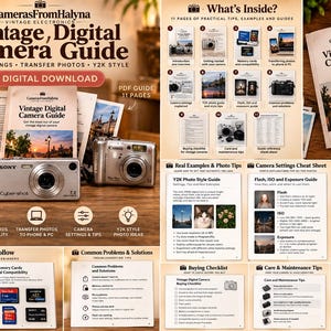 May include: A digital download guide titled Vintage Digital Camera Guide featuring 11 pages of tips, settings, and transfer instructions. The guide includes sections on memory cards, Y2K photo styles, flash, ISO, exposure, and a buying checklist.