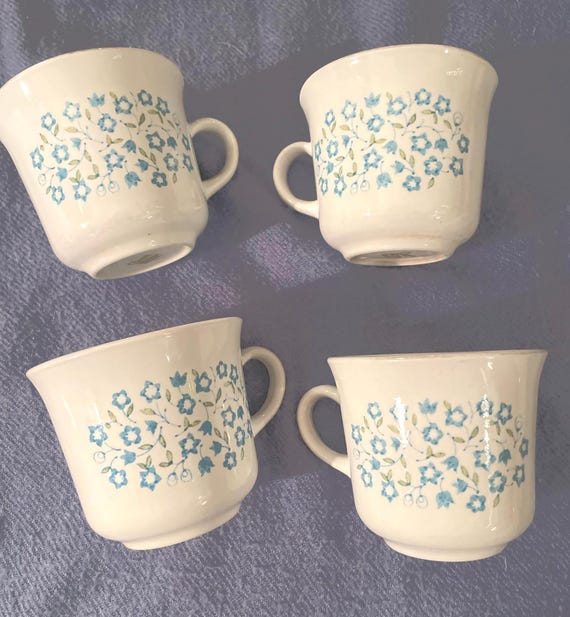 Vintage Corelle Blue Heather Floral Coffee Cup Set of Four