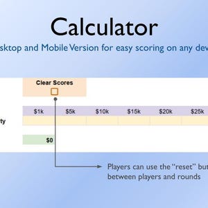 Puede incluir: Una calculadora para puntuar con un fondo azul claro. La calculadora tiene una fila de botones etiquetados "Borrar puntuaciones", "1&nbsp;000&nbsp;&euro;", "5&nbsp;000&nbsp;&euro;", "10&nbsp;000&nbsp;&euro;", "15&nbsp;000&nbsp;&euro;", "20&nbsp;000&nbsp;&euro;", "25&nbsp;000&nbsp;&euro;" y "50&nbsp;000&nbsp;&euro;". Debajo de los botones hay una fila etiquetada "Introducir cantidad" y una fila etiquetada "Total" con un valor de 0&nbsp;&euro;. El texto "Los jugadores pueden usar el bot&oacute;n "reiniciar" entre jugadores y rondas" est&aacute; debajo de la calculadora.