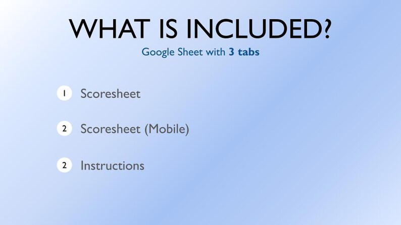 Puede incluir: Una captura de pantalla de una hoja de c&aacute;lculo de Google con tres pesta&ntilde;as: Hoja de puntuaci&oacute;n, Hoja de puntuaci&oacute;n (m&oacute;vil) e Instrucciones. El texto "WHAT IS INCLUDED?" est&aacute; en la parte superior de la imagen.