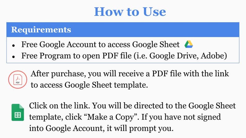 Puede incluir: Un cuadro de texto azul y blanco con el t&iacute;tulo "C&oacute;mo usar" y una lista de requisitos para usar una plantilla de hoja de c&aacute;lculo de Google. Los requisitos incluyen una cuenta de Google gratuita y un programa gratuito para abrir un archivo PDF, como Google Drive o Adobe. El texto debajo de los requisitos explica que despu&eacute;s de la compra, se proporcionar&aacute; un archivo PDF con un enlace para acceder a la plantilla de hoja de c&aacute;lculo de Google. El texto tambi&eacute;n explica c&oacute;mo acceder a la plantilla haciendo clic en el enlace y haciendo una copia.