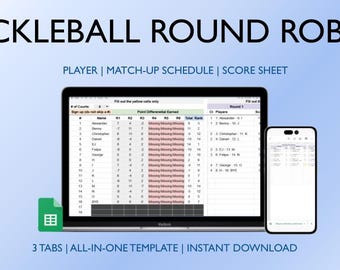 May include: A computer screen displaying a spreadsheet with the title "Pickleball Round Robin" and the text "PLAYER | MATCH-UP SCHEDULE | SCORE SHEET". The spreadsheet has three tabs: "Player", "Match-Up Schedule", and "Score Sheet". Below the screen is the text "3 TABS | ALL-IN-ONE TEMPLATE | INSTANT DOWNLOAD".