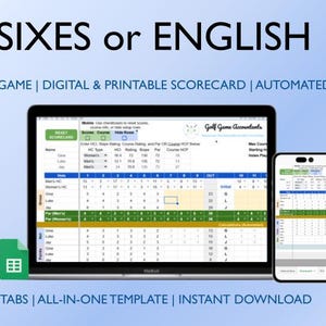 May include: A digital golf scorecard template displayed on a laptop and smartphone. The laptop shows a spreadsheet with scoring data, and the phone displays a mobile version. Text includes "SPLIT SIXES or ENGLISH 666" and "RULES OF GAME".