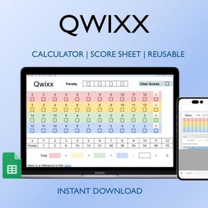 Puede incluir: Una hoja de puntuación digital para el juego de mesa Qwixx. La hoja se muestra en la pantalla de una computadora portátil y un teléfono móvil. La hoja está codificada por colores e incluye una calculadora para calcular los puntos.