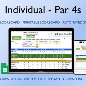 Può includere: Un modello di scheda punteggio digitale per golf per giocatori individuali. Il modello ha tre schede: "Next Scorecard", "Score Course" e "Adjusted Gross". Il modello è progettato per par 4 e include il punteggio automatico.