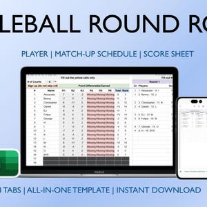May include: A computer screen displaying a spreadsheet with the title "Pickleball Round Robin". The spreadsheet has three tabs: "Player", "Match-Up Schedule", and "Score Sheet". The image also includes a green Excel logo and a graphic of two pickleball paddles.