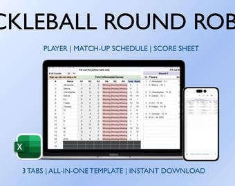 Mall för social turnering i Pickleball Mixed Partners, Excel, 6 rundor, 2–8 banor, 8–32 spelare