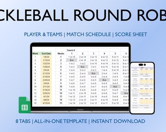 Pickleball League Template - Round Robin Format, Max of 16 Teams, Google Sheets