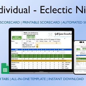 May include: A digital spreadsheet template for an eclectic nine golf scorecard. The template has three tabs: "Next Scorecard", "Score Course", and "Adjusted Gross". The template is available for instant download.