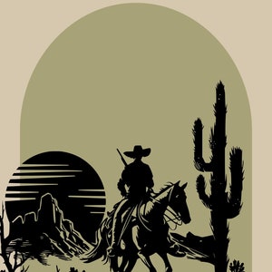 May include: Silhouette of a cowboy riding a horse through a desert landscape with a cactus and a setting sun in the background.