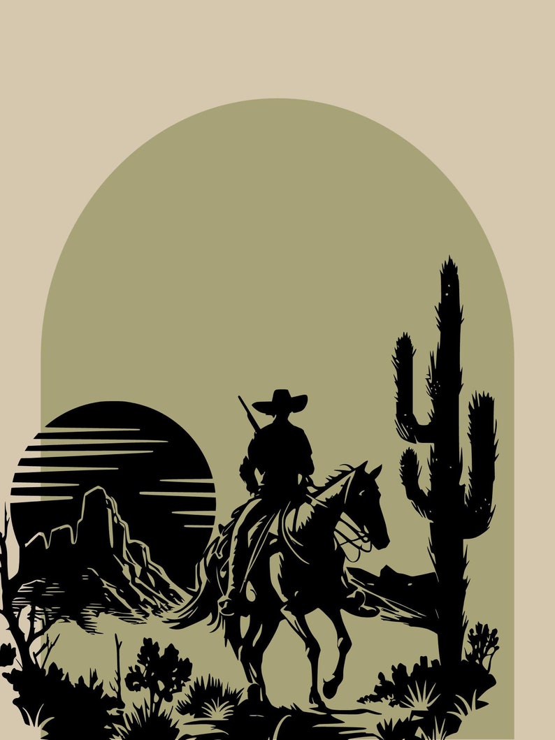 May include: Silhouette of a cowboy riding a horse through a desert landscape with a cactus and a setting sun in the background.