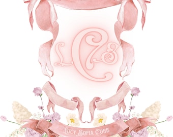 Stemma con nome acquerello personalizzato. Archivio digitale.