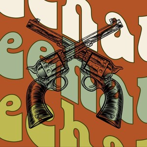 May include: A vintage-style illustration of two crossed revolvers with wooden handles against a background of overlapping green and white letters that spell out "Yeah Law".