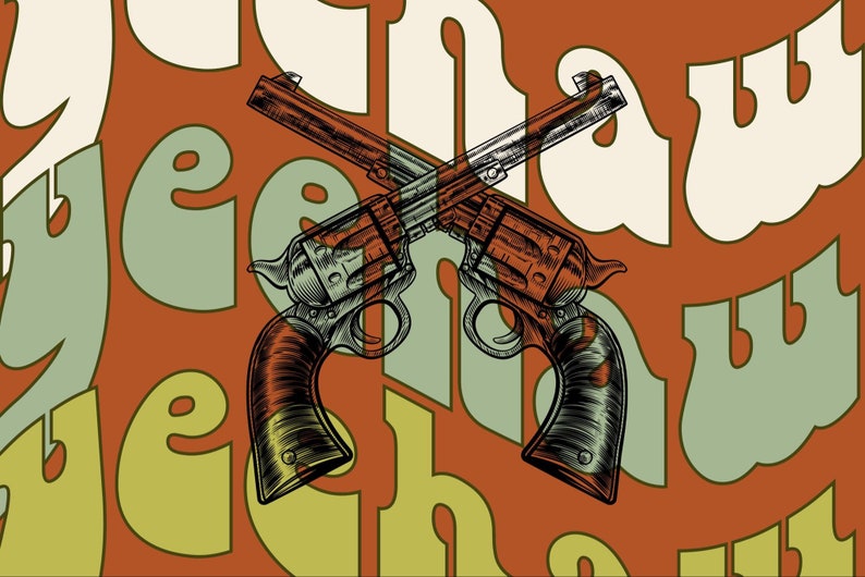 May include: A vintage-style illustration of two crossed revolvers with wooden handles against a background of overlapping green and white letters that spell out "Yeah Law".