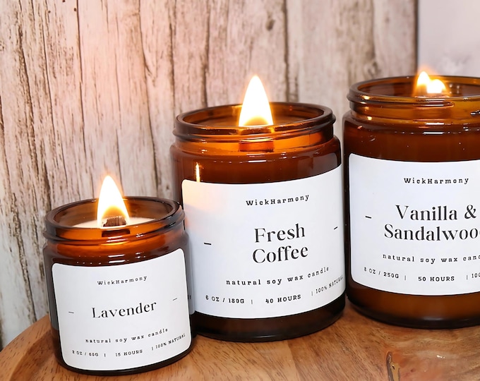 Handmade Scented Soy Candles with Wooden Wicks by WickHarmony in 60g, 120g, 180g, 250, 500g size for a Cozy, Relaxing Ambience |Perfect Gift
