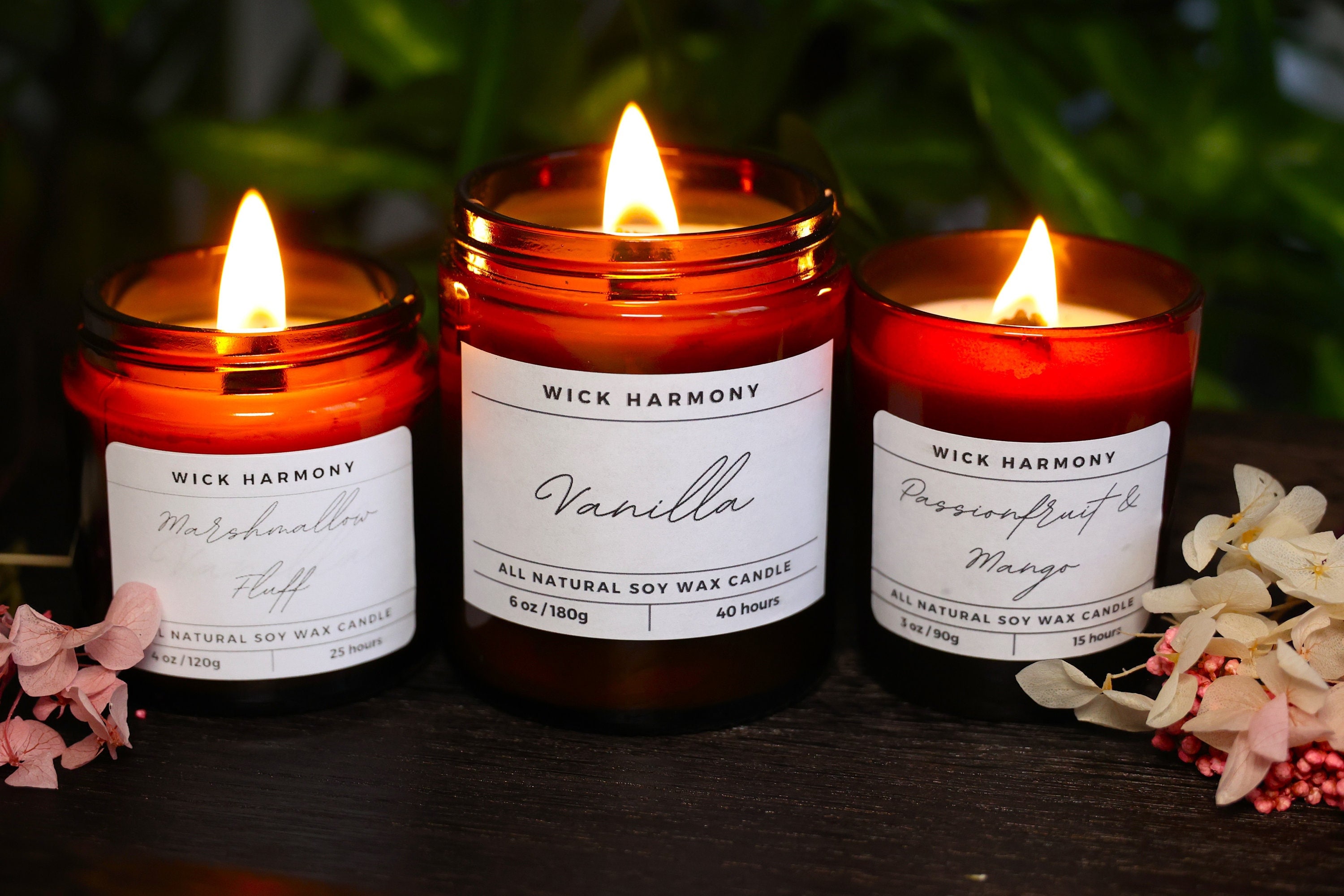 Burning soy candles in amber jars